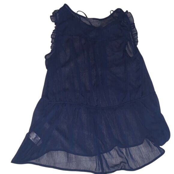 Mossimo Navy Sheer Sleeveless Ruffle Blouse With Button Front & Drawstring Waist - Picture 8 of 8